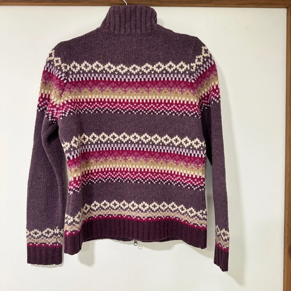 Eddie Bauer Lambswool Fair Isle Zip Up Cardigan Sweater Womens Small Purple
